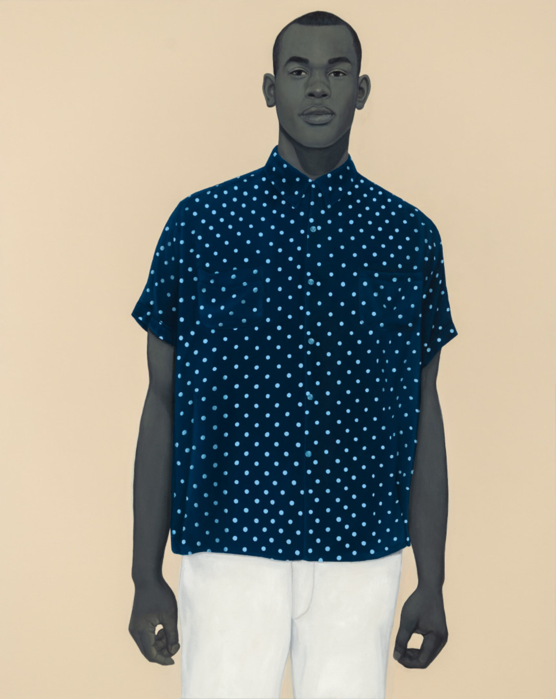 “Handsome” is a vertical oil painting on canvas, measuring 54 inches by 43 inches, of an adult figure standing in the center of the composition and gazing toward the viewer with a confident expression.