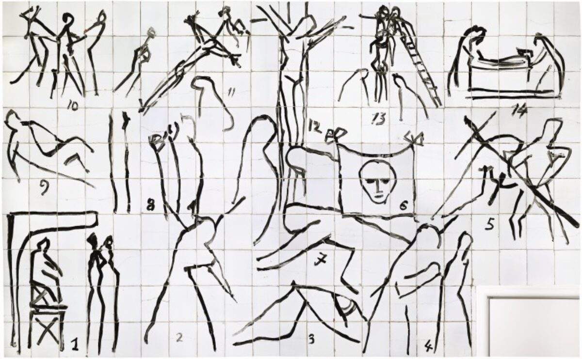 A grid of white tiles features 14 numbered black line drawings depicting figures in various poses. Scenes include a crucifixion, figures carrying crosses, and others being lowered from a cross.