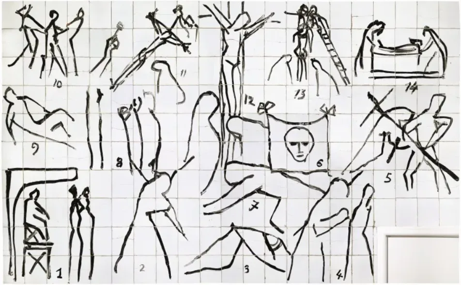 A grid of white tiles features 14 numbered black line drawings depicting figures in various poses. Scenes include a crucifixion, figures carrying crosses, and others being lowered from a cross.