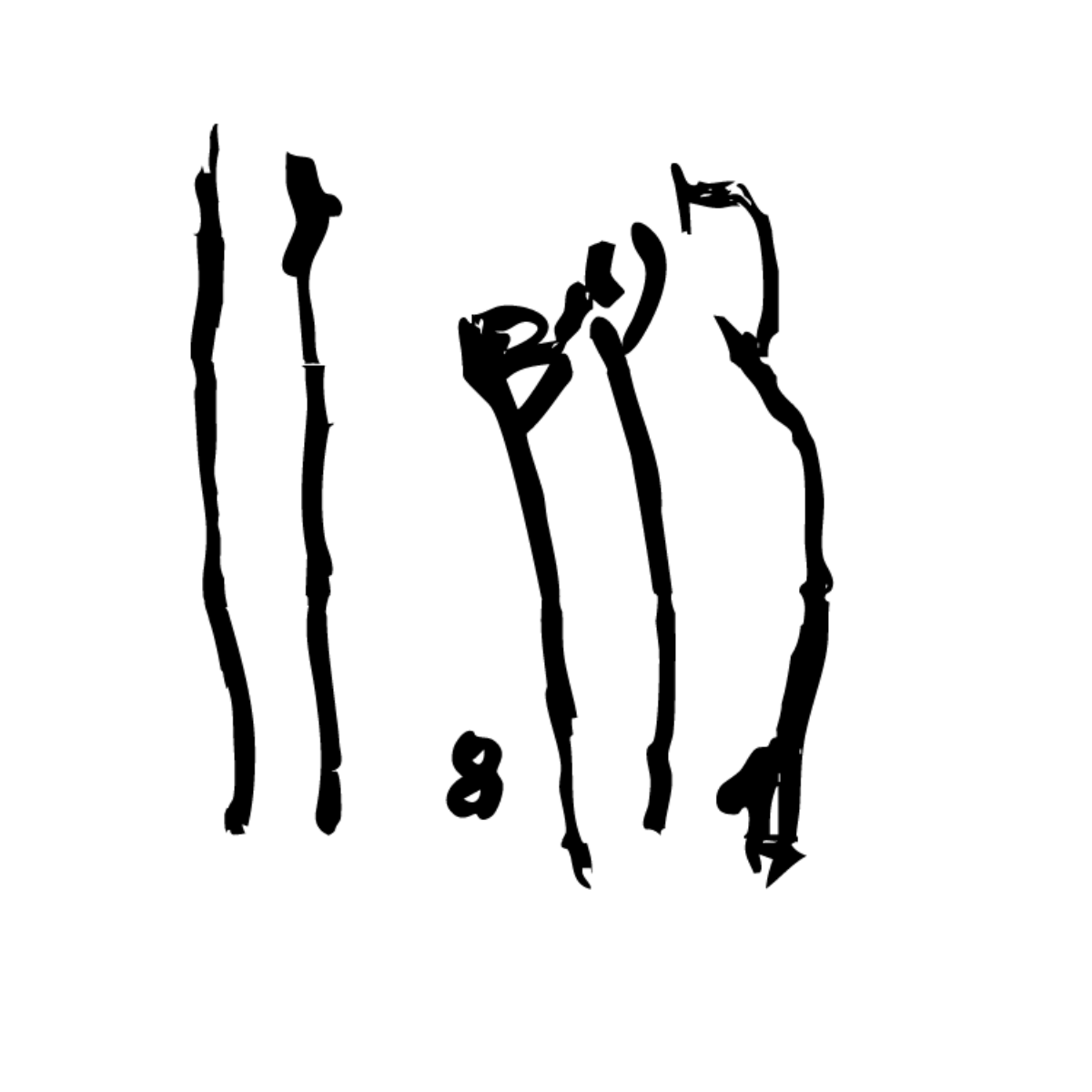 Two vertical black lines on the left represent a single standing figure, while three vertical black lines with circles at the top suggest 3 figures are to its right. The number 8 is between them.